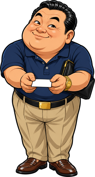 Cartoon Boss Long presenting his business card with both hands