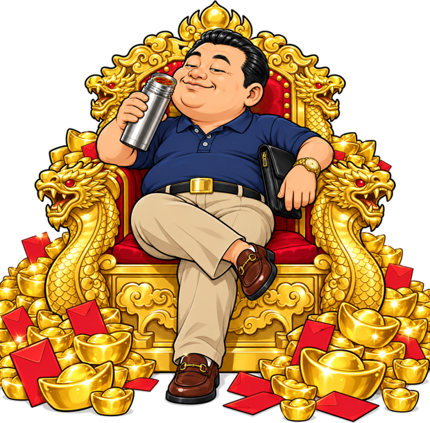 Cartoon Boss Long lounging on a golden throne with tea