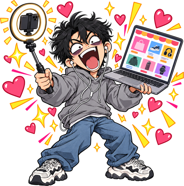 Cartoon Xiao Ming screaming into a livestream phone, holding up a laptop