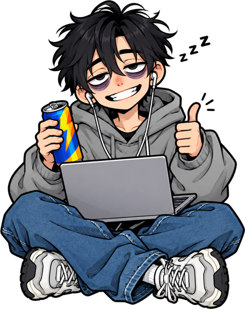 Cartoon Xiao Ming half asleep hugging a laptop