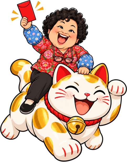 Cartoon Auntie Wang riding a giant lucky cat, waving a red envelope