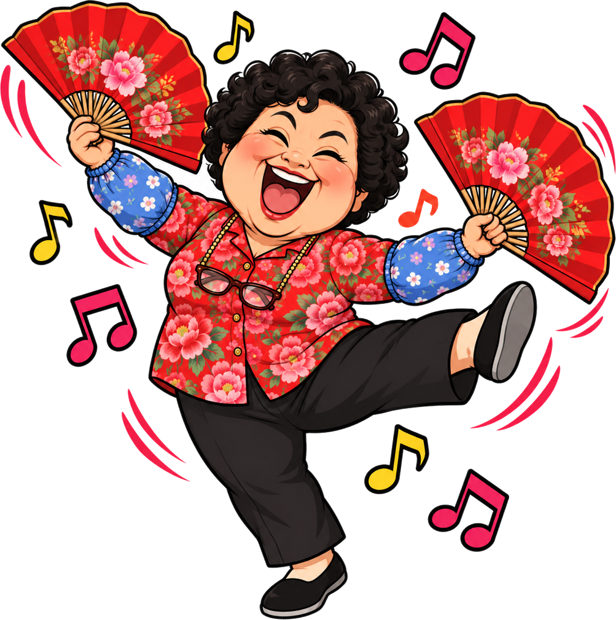Cartoon Auntie Wang square-dancing with two red fans